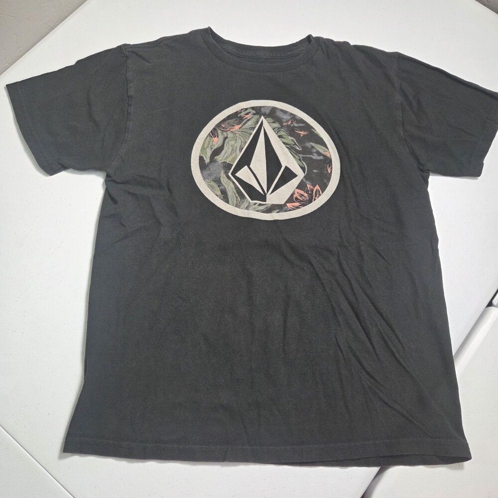 Volcom Stone T-Shirt Boys Large / Adult XS Black Floral Circle Logo Skate Tee